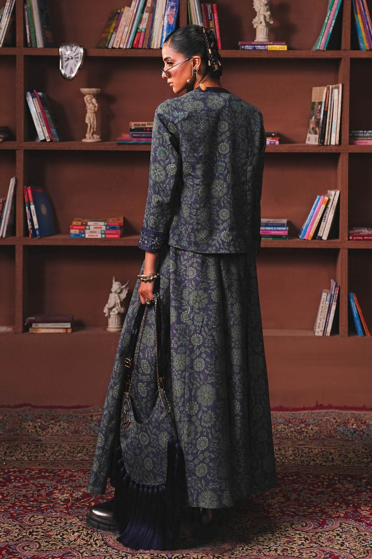Maria B | RTW | Embroidered Pk Raw Silk Skirt Set-Brand:Maria B-Type:Luxury Pret-Blue - House of Maryam- Buy in UK, USA