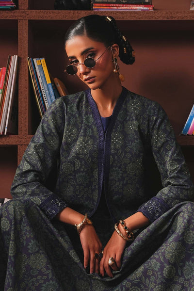 Maria B | RTW | Embroidered Pk Raw Silk Skirt Set-Brand:Maria B-Type:Luxury Pret-Blue - House of Maryam- Buy in UK, USA