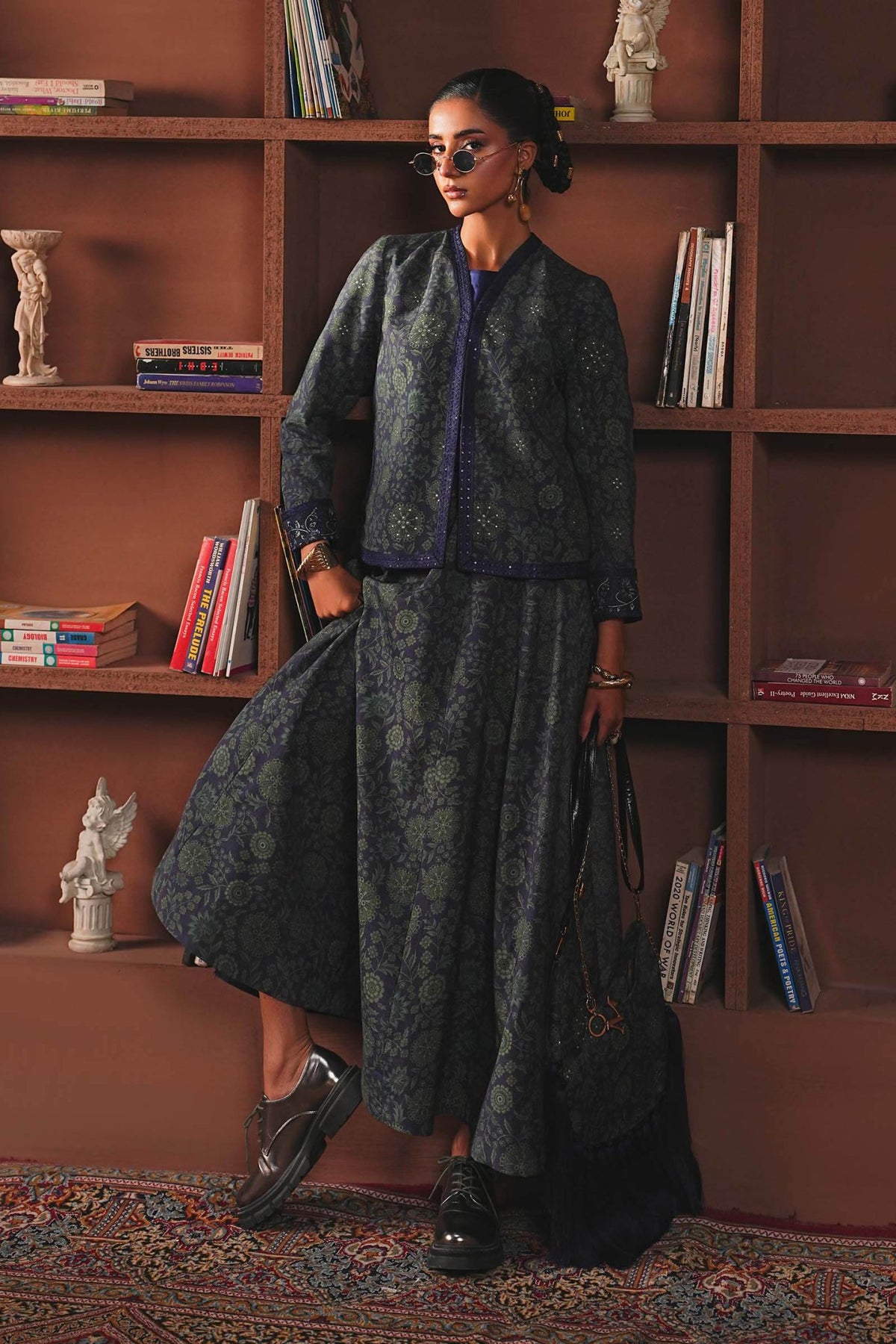 Maria B | RTW | Embroidered Pk Raw Silk Skirt Set-Brand:Maria B-Type:Luxury Pret-Blue - House of Maryam- Buy in UK, USA