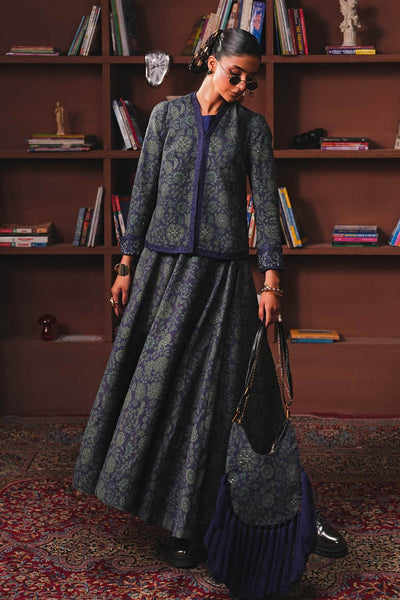 Maria B | RTW | Embroidered Pk Raw Silk Skirt Set-Brand:Maria B-Type:Luxury Pret-Blue - House of Maryam- Buy in UK, USA
