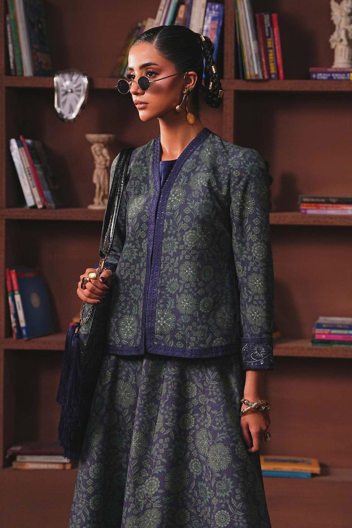 Maria B | RTW | Embroidered Pk Raw Silk Skirt Set-Brand:Maria B-Type:Luxury Pret-Blue - House of Maryam- Buy in UK, USA