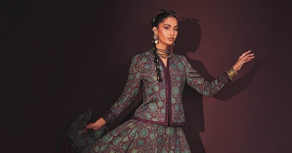 Maria B | RTW | Embroidered Pk Raw Silk Skirt Set-Brand:Maria B-Type:Luxury Pret-Maroon - House of Maryam- Buy in UK, USA