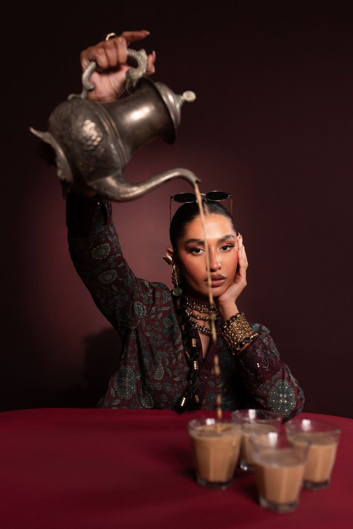 Maria B | RTW | Embroidered Pk Raw Silk Skirt Set-Brand:Maria B-Type:Luxury Pret-Maroon - House of Maryam- Buy in UK, USA