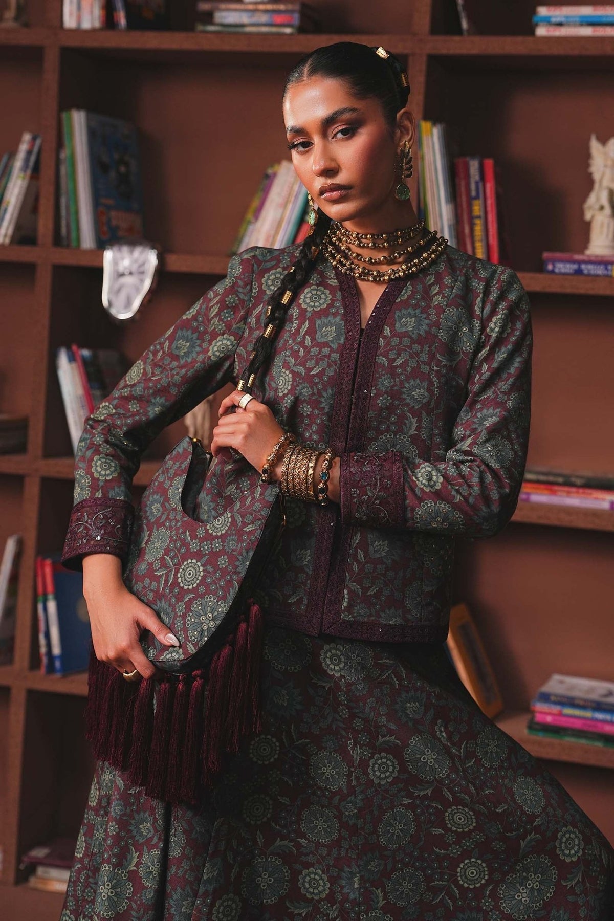 Maria B | RTW | Embroidered Pk Raw Silk Skirt Set-Brand:Maria B-Type:Luxury Pret-Maroon - House of Maryam- Buy in UK, USA