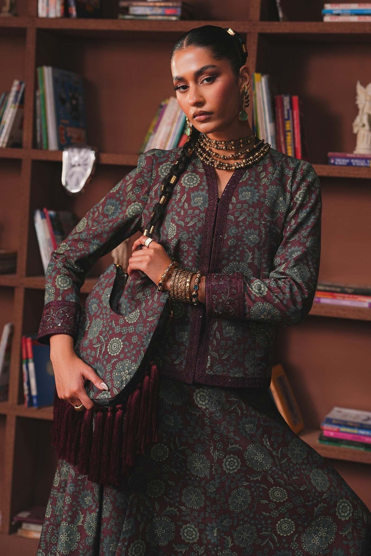 Maria B | RTW | Embroidered Pk Raw Silk Skirt Set-Brand:Maria B-Type:Luxury Pret-Maroon - House of Maryam- Buy in UK, USA