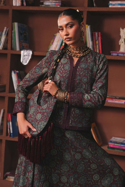 Maria B | RTW | Embroidered Pk Raw Silk Skirt Set-Brand:Maria B-Type:Luxury Pret-Maroon - House of Maryam- Buy in UK, USA