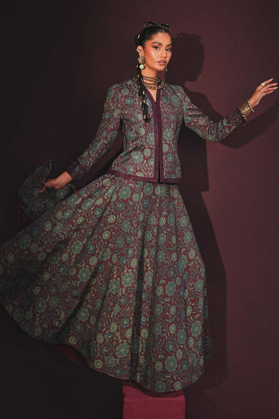 Maria B | RTW | Embroidered Pk Raw Silk Skirt Set-Brand:Maria B-Type:Luxury Pret-Maroon - House of Maryam- Buy in UK, USA