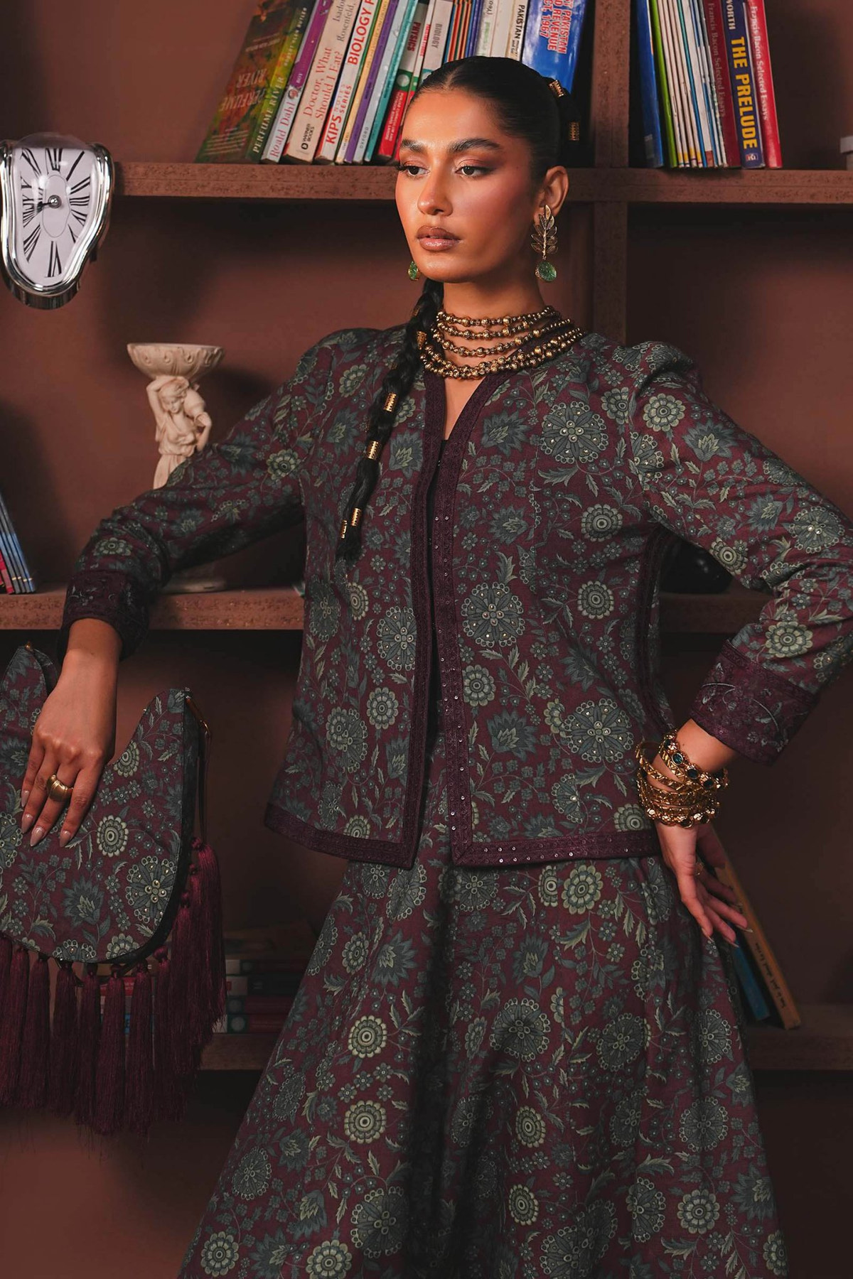 Maria B | RTW | Embroidered Pk Raw Silk Skirt Set-Brand:Maria B-Type:Luxury Pret-Maroon - House of Maryam- Buy in UK, USA