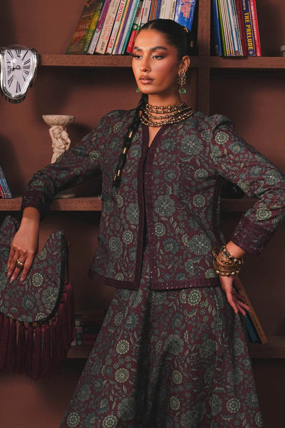 Maria B | RTW | Embroidered Pk Raw Silk Skirt Set-Brand:Maria B-Type:Luxury Pret-Maroon - House of Maryam- Buy in UK, USA