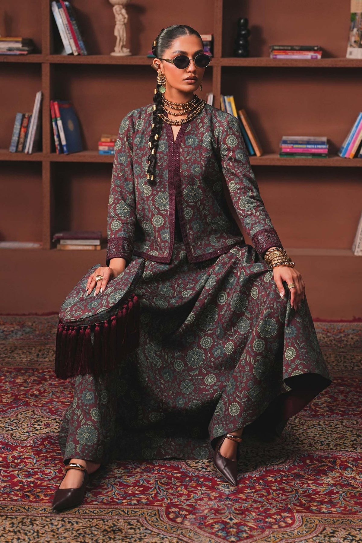 Maria B | RTW | Embroidered Pk Raw Silk Skirt Set-Brand:Maria B-Type:Luxury Pret-Maroon - House of Maryam- Buy in UK, USA
