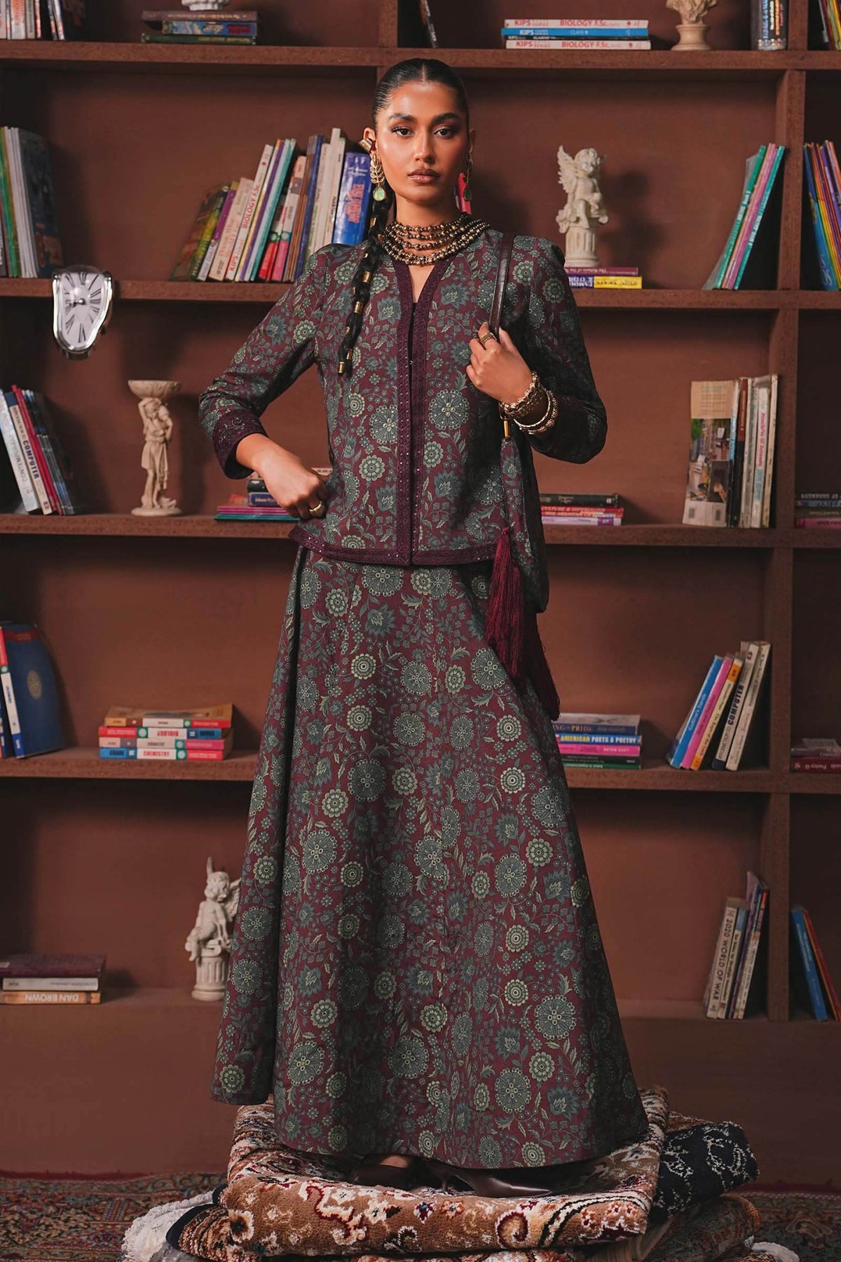 Maria B | RTW | Embroidered Pk Raw Silk Skirt Set-Brand:Maria B-Type:Luxury Pret-Maroon - House of Maryam- Buy in UK, USA