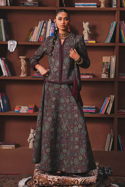 Maria B | RTW | Embroidered Pk Raw Silk Skirt Set-Brand:Maria B-Type:Luxury Pret-Maroon - House of Maryam- Buy in UK, USA