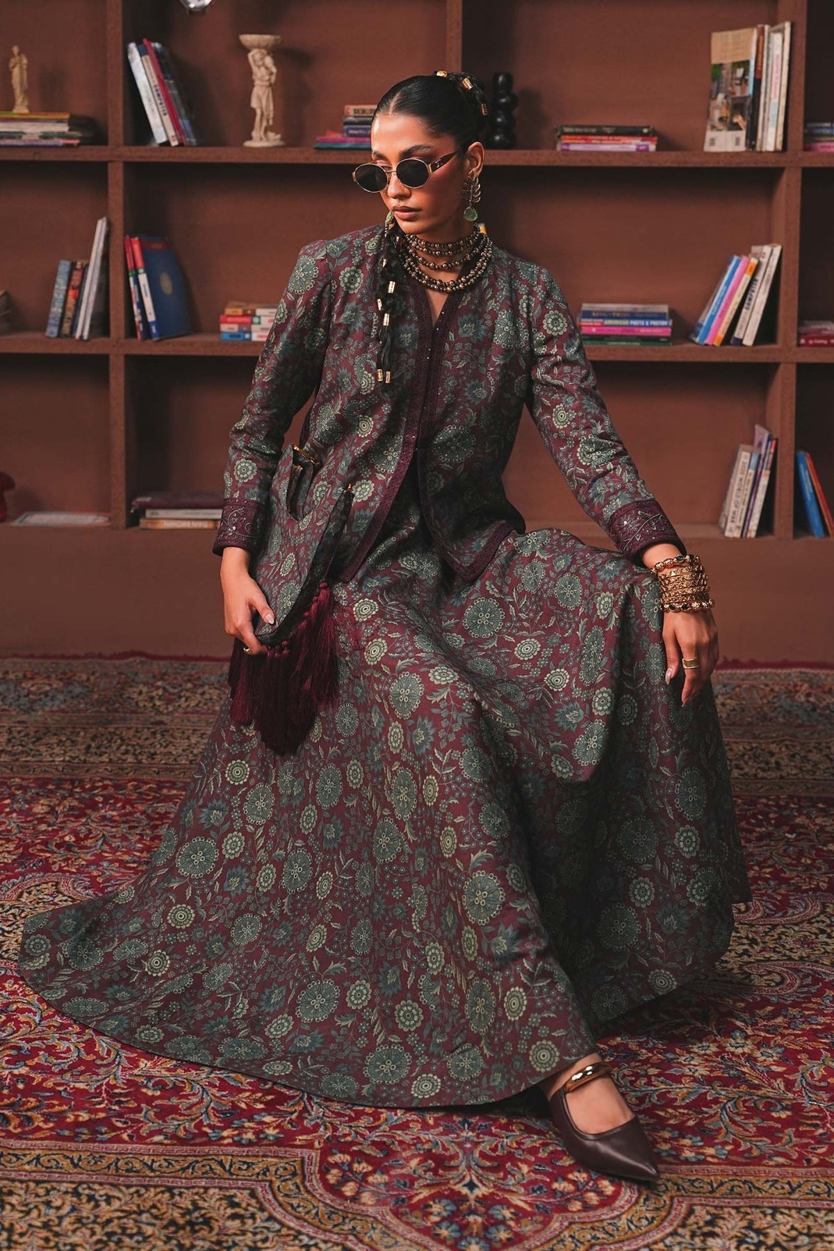 Maria B | RTW | Embroidered Pk Raw Silk Skirt Set-Brand:Maria B-Type:Luxury Pret-Maroon - House of Maryam- Buy in UK, USA