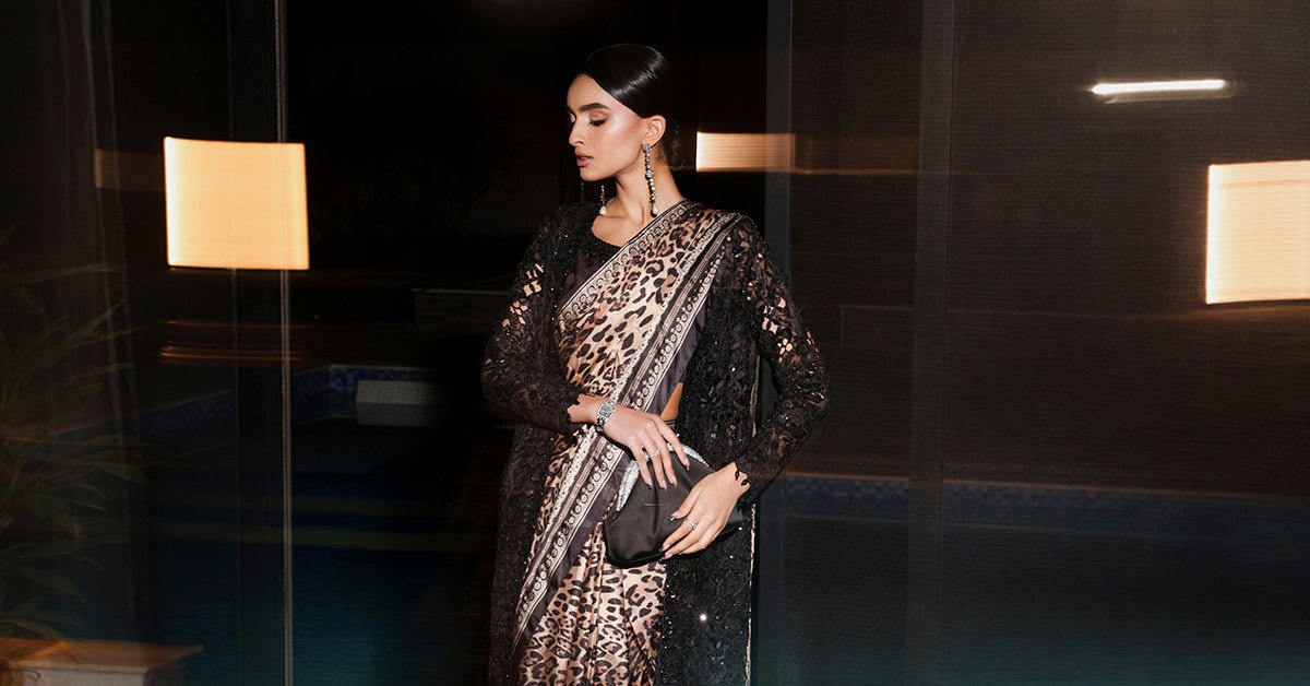 Maria B | RTW | Embroidered Satin Silk Saree-Brand:Maria B-Type:Luxury Formals-Black - House of Maryam- Buy in UK, USA