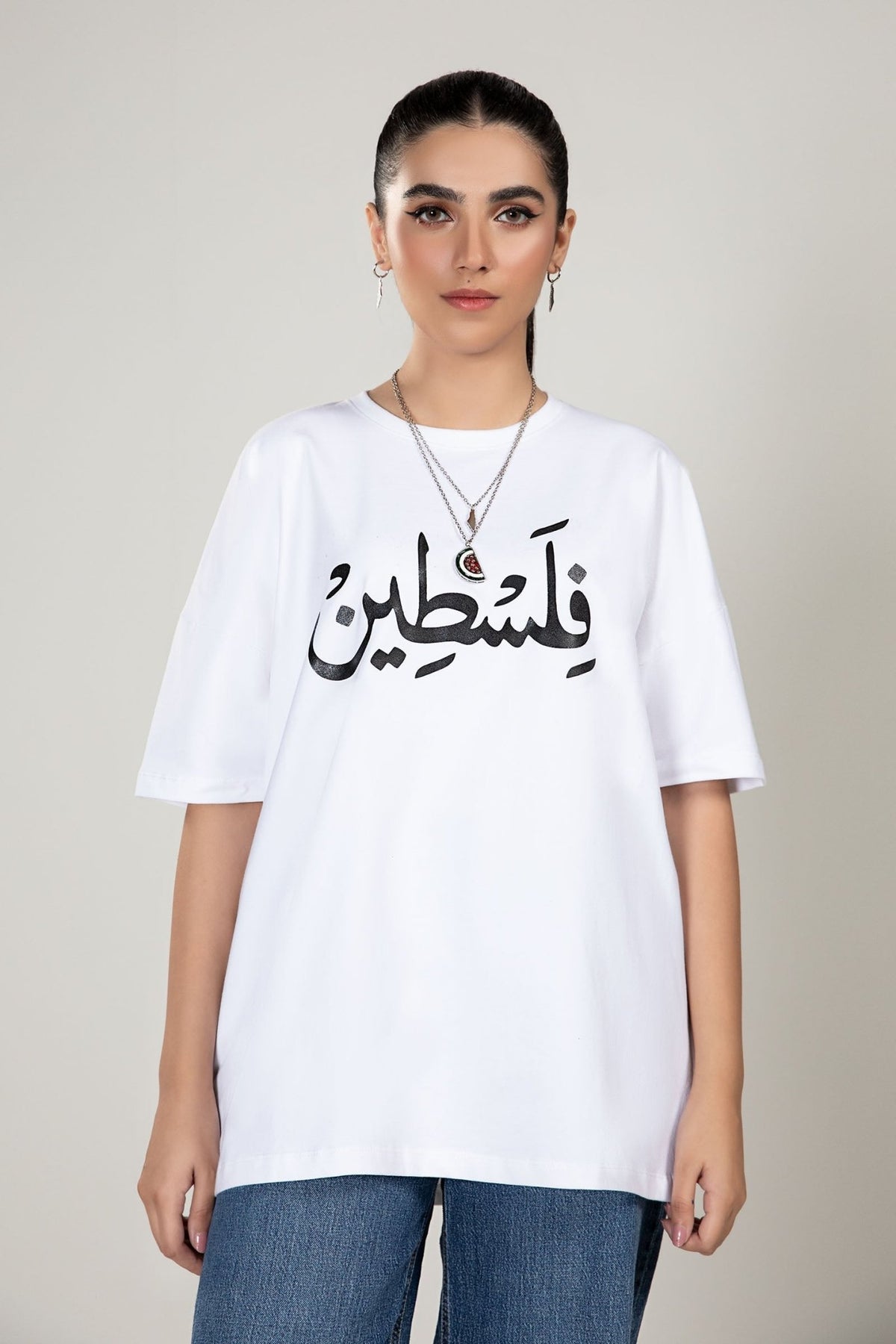 Maria B | RTW | Printed T-Shirt-Brand:Maria B-Type:Luxury Pret-White - House of Maryam- Buy in UK, USA