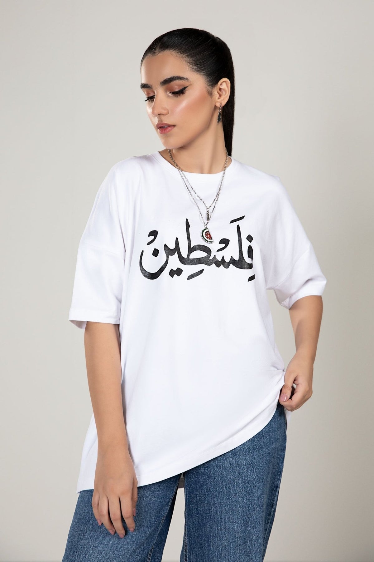 Maria B | RTW | Printed T-Shirt-Brand:Maria B-Type:Luxury Pret-White - House of Maryam- Buy in UK, USA