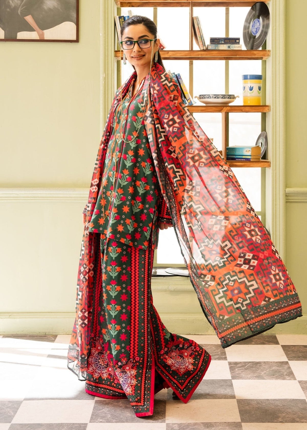 Maria Osama Khan | Retro 26 | Bloom-Brand:Maria Osama Khan-Type:Ladies Clothes-Bottle Green-Grip-House of Maryam- Buy in UK, USA