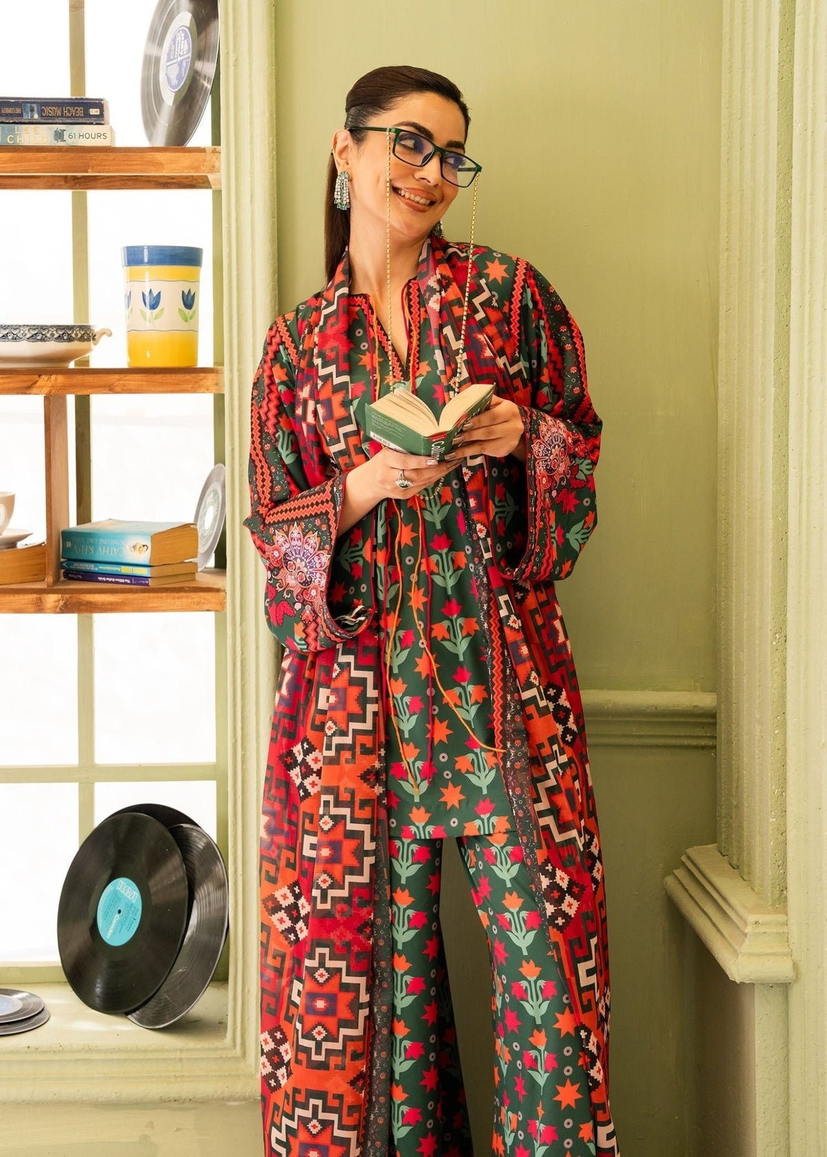 Maria Osama Khan | Retro 26 | Bloom-Brand:Maria Osama Khan-Type:Ladies Clothes-Bottle Green-Grip-House of Maryam- Buy in UK, USA