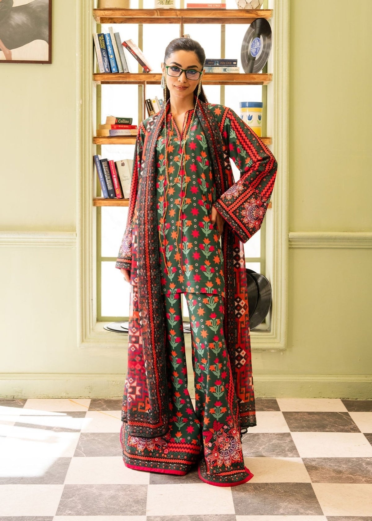 Maria Osama Khan | Retro 26 | Bloom-Brand:Maria Osama Khan-Type:Ladies Clothes-Bottle Green-Grip-House of Maryam- Buy in UK, USA