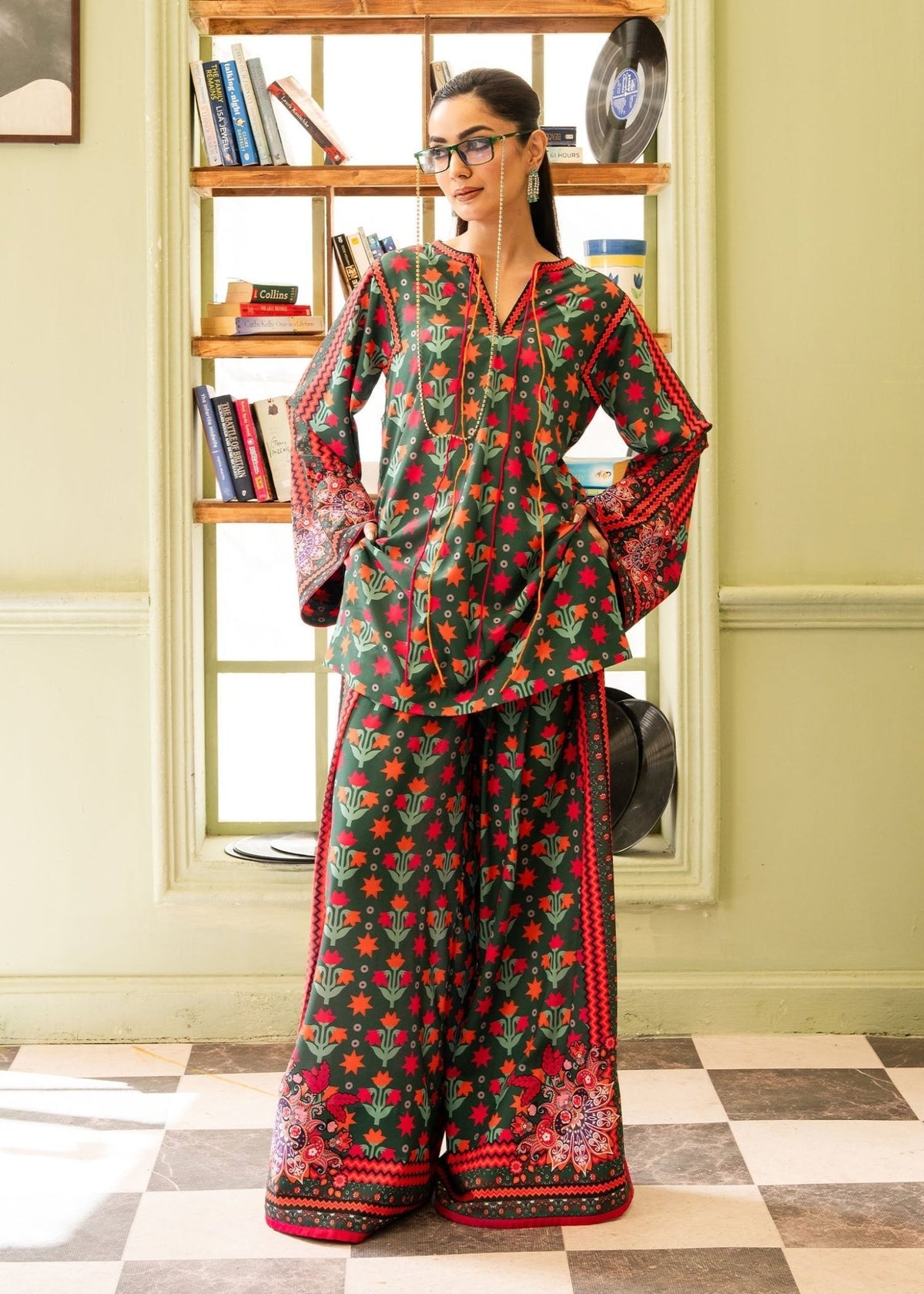 Maria Osama Khan | Retro 26 | Bloom-Brand:Maria Osama Khan-Type:Ladies Clothes-Bottle Green-Grip-House of Maryam- Buy in UK, USA