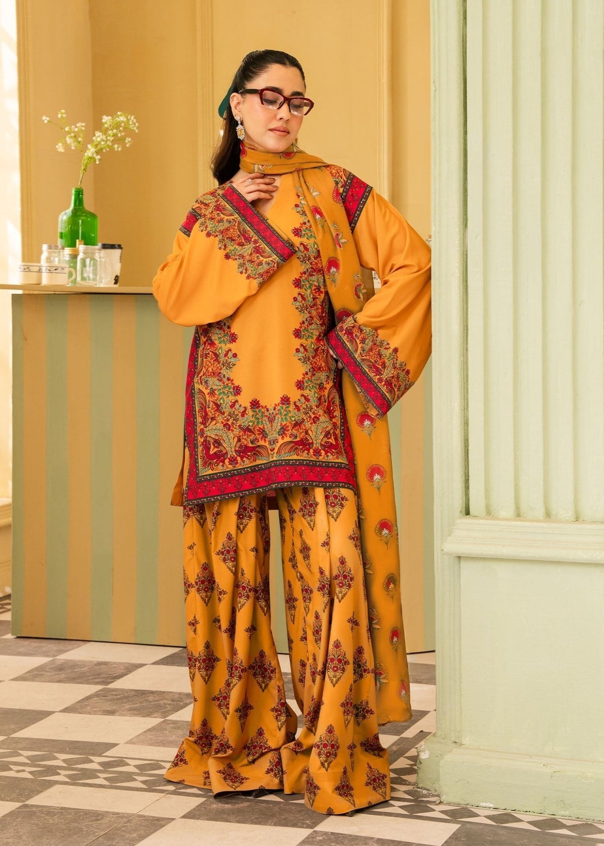 Maria Osama Khan | Retro 26 | Eden-Brand:Maria Osama Khan-Type:Ladies Clothes-Mustard Yellow-Grip-House of Maryam- Buy in UK, USA