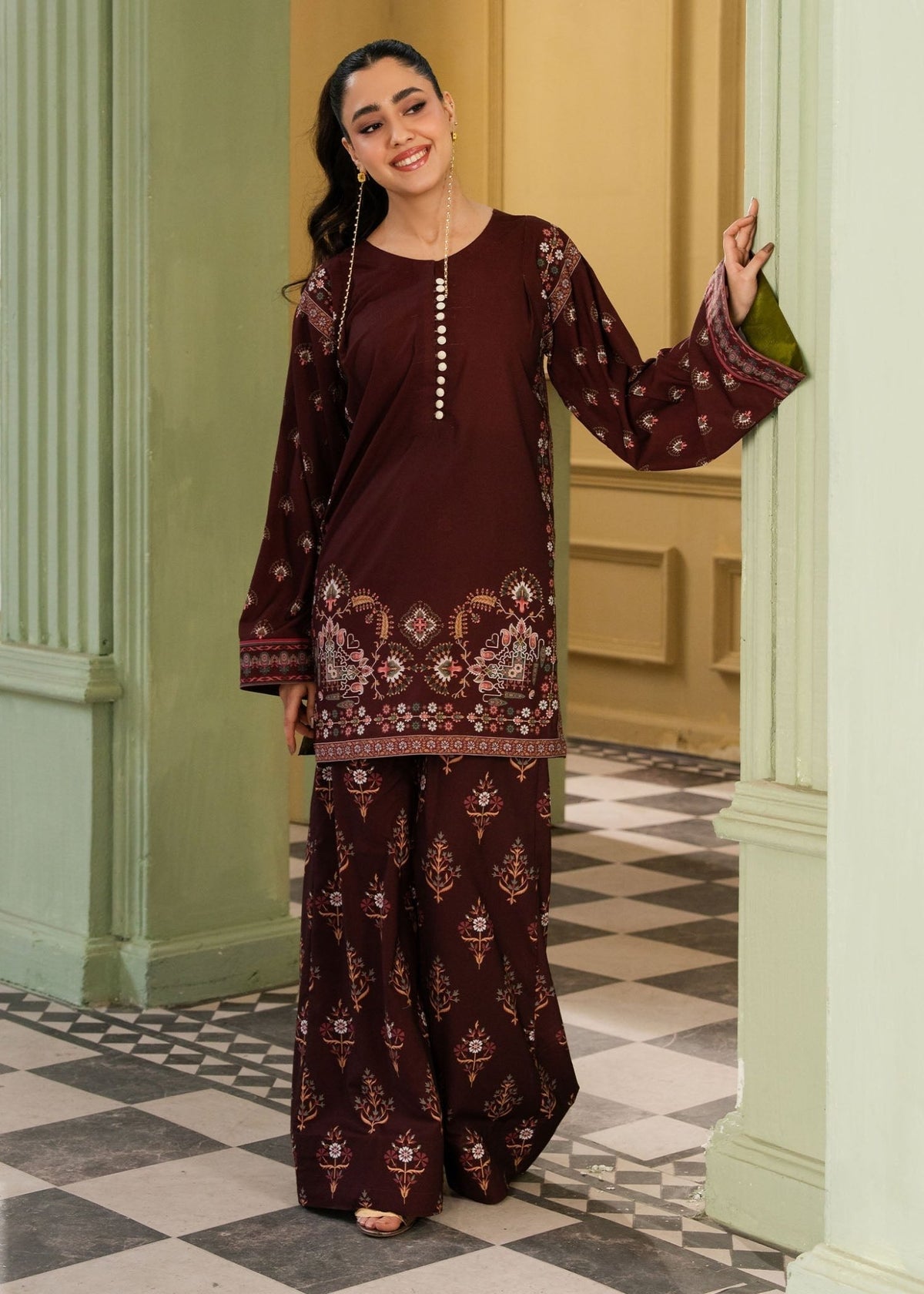 Maria Osama Khan | Retro 26 | Haze-Brand:Maria Osama Khan-Type:Ladies Clothes-Dark Maroon-Grip-House of Maryam- Buy in UK, USA