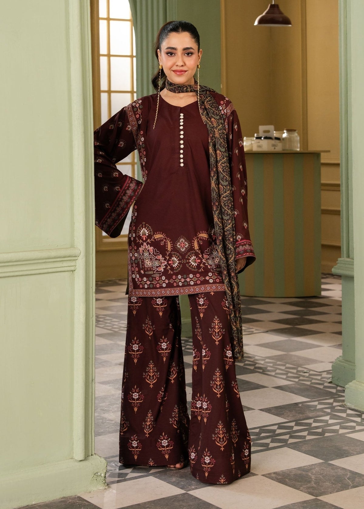 Maria Osama Khan | Retro 26 | Haze-Brand:Maria Osama Khan-Type:Ladies Clothes-Dark Maroon-Grip-House of Maryam- Buy in UK, USA
