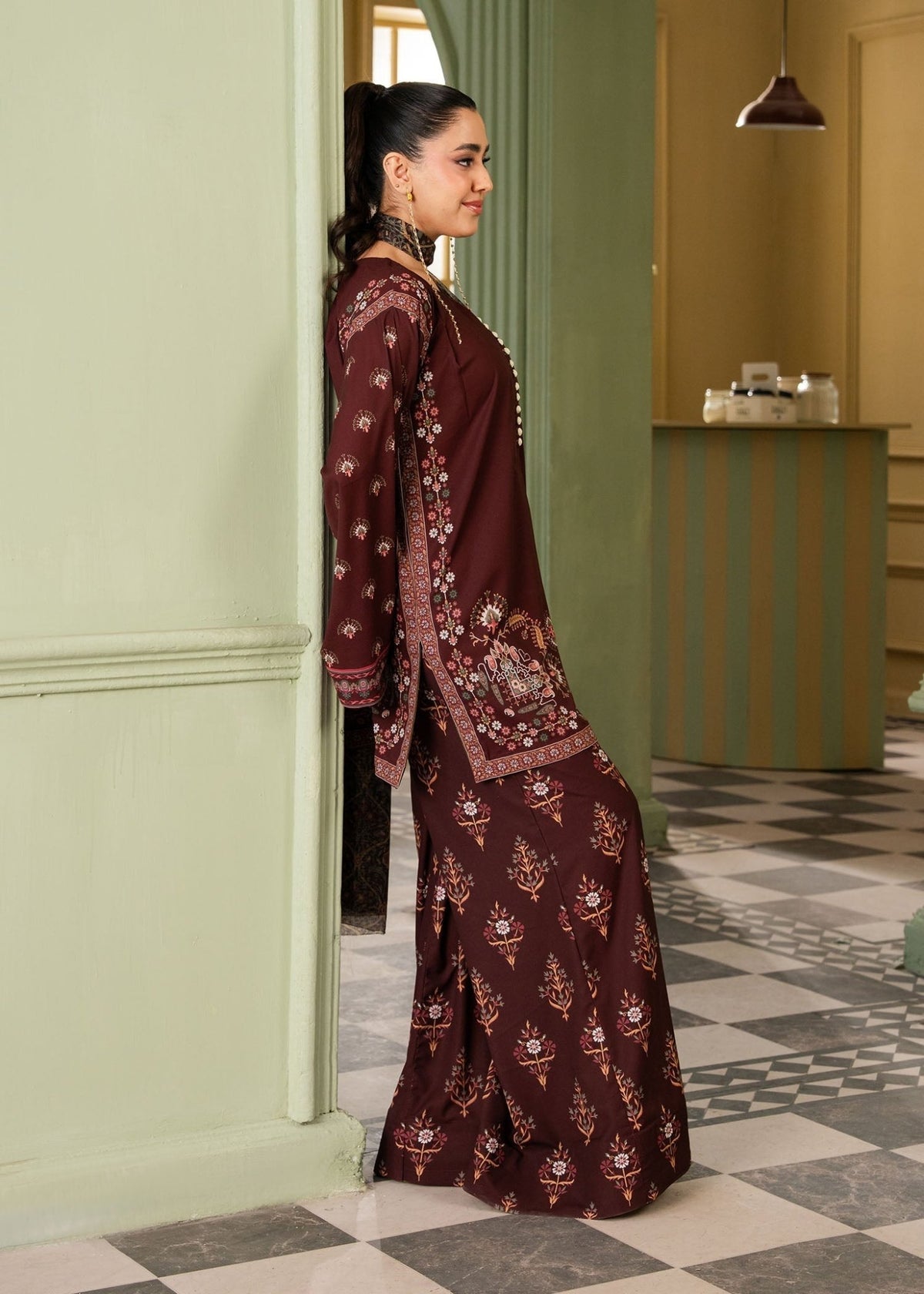 Maria Osama Khan | Retro 26 | Haze-Brand:Maria Osama Khan-Type:Ladies Clothes-Dark Maroon-Grip-House of Maryam- Buy in UK, USA