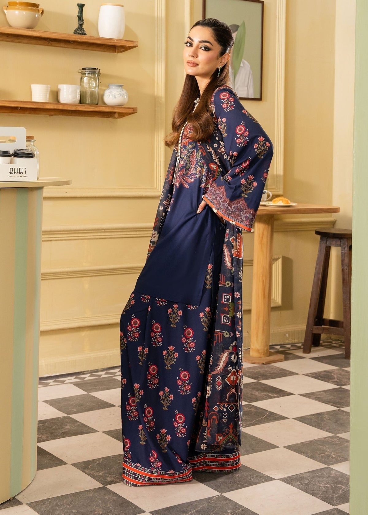 Maria Osama Khan | Retro 26 | Lorien-Brand:Maria Osama Khan-Type:Luxury-Dark Blue-Grip-House of Maryam- Buy in UK, USA