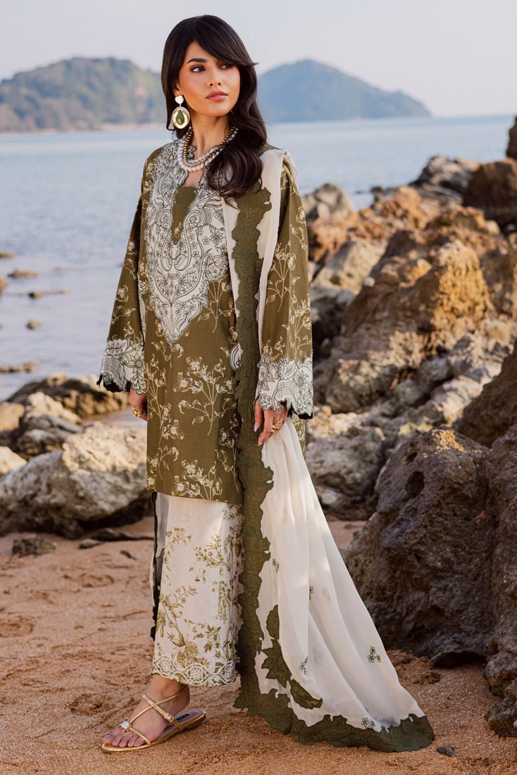 Marjjan | Sahil Lawn | MPL-90 A (Commando Green)-Brand:Marjjan-Type:Ladies Clothes-Olive Green-Bana Dora-House of Maryam- Buy in UK, USA