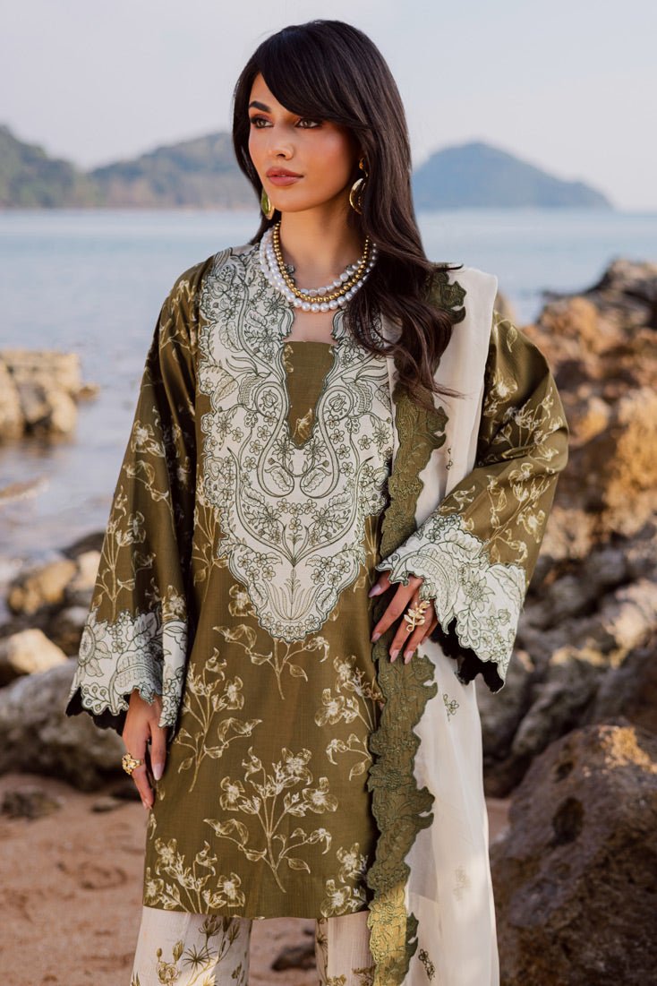 Marjjan | Sahil Lawn | MPL-90 A (Commando Green)-Brand:Marjjan-Type:Ladies Clothes-Olive Green-Bana Dora-House of Maryam- Buy in UK, USA