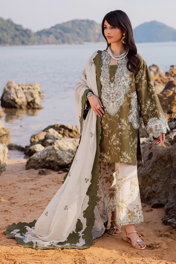 Marjjan | Sahil Lawn | MPL-90 A (Commando Green)-Brand:Marjjan-Type:Ladies Clothes-Olive Green-Bana Dora-House of Maryam- Buy in UK, USA