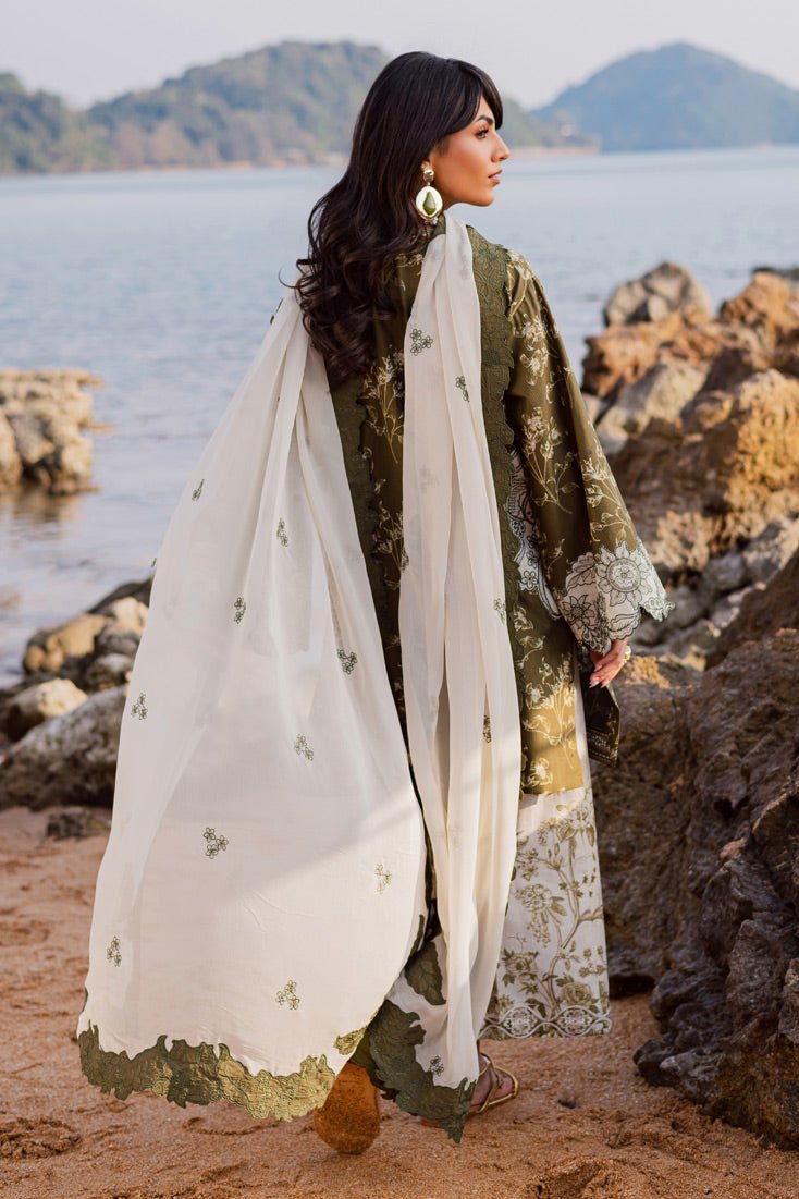 Marjjan | Sahil Lawn | MPL-90 A (Commando Green)-Brand:Marjjan-Type:Ladies Clothes-Olive Green-Bana Dora-House of Maryam- Buy in UK, USA