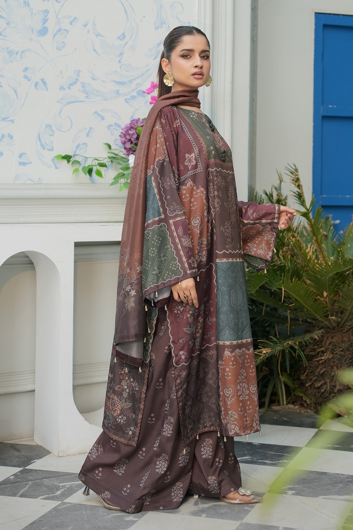 Maryams | Lawn Edit 26 | Basil-Brand:Maryams-Type:Ladies Clothes-Chocolate Brown-Lawn-House of Maryam- Buy in UK, USA