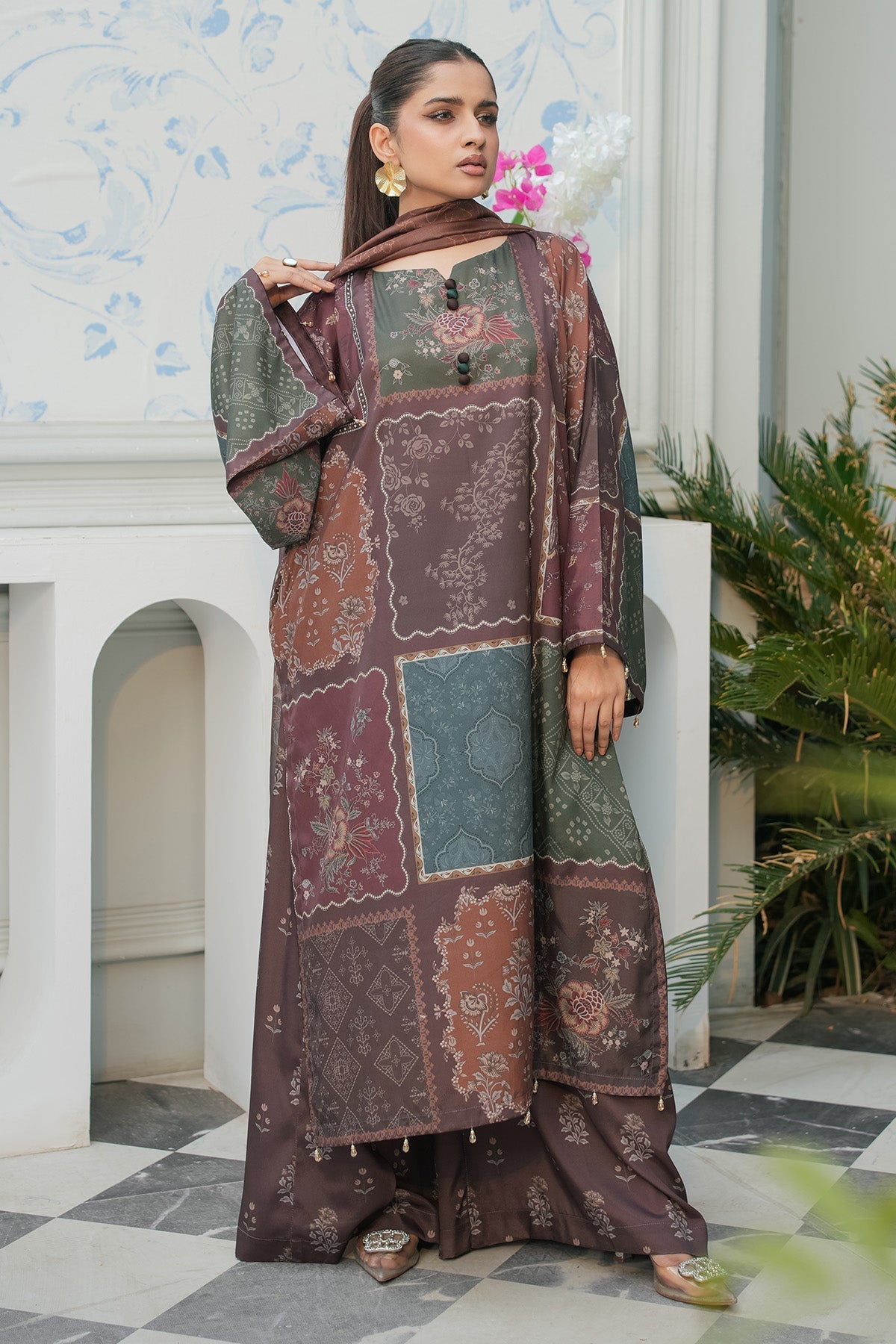 Maryams | Lawn Edit 26 | Basil-Brand:Maryams-Type:Ladies Clothes-Chocolate Brown-Lawn-House of Maryam- Buy in UK, USA