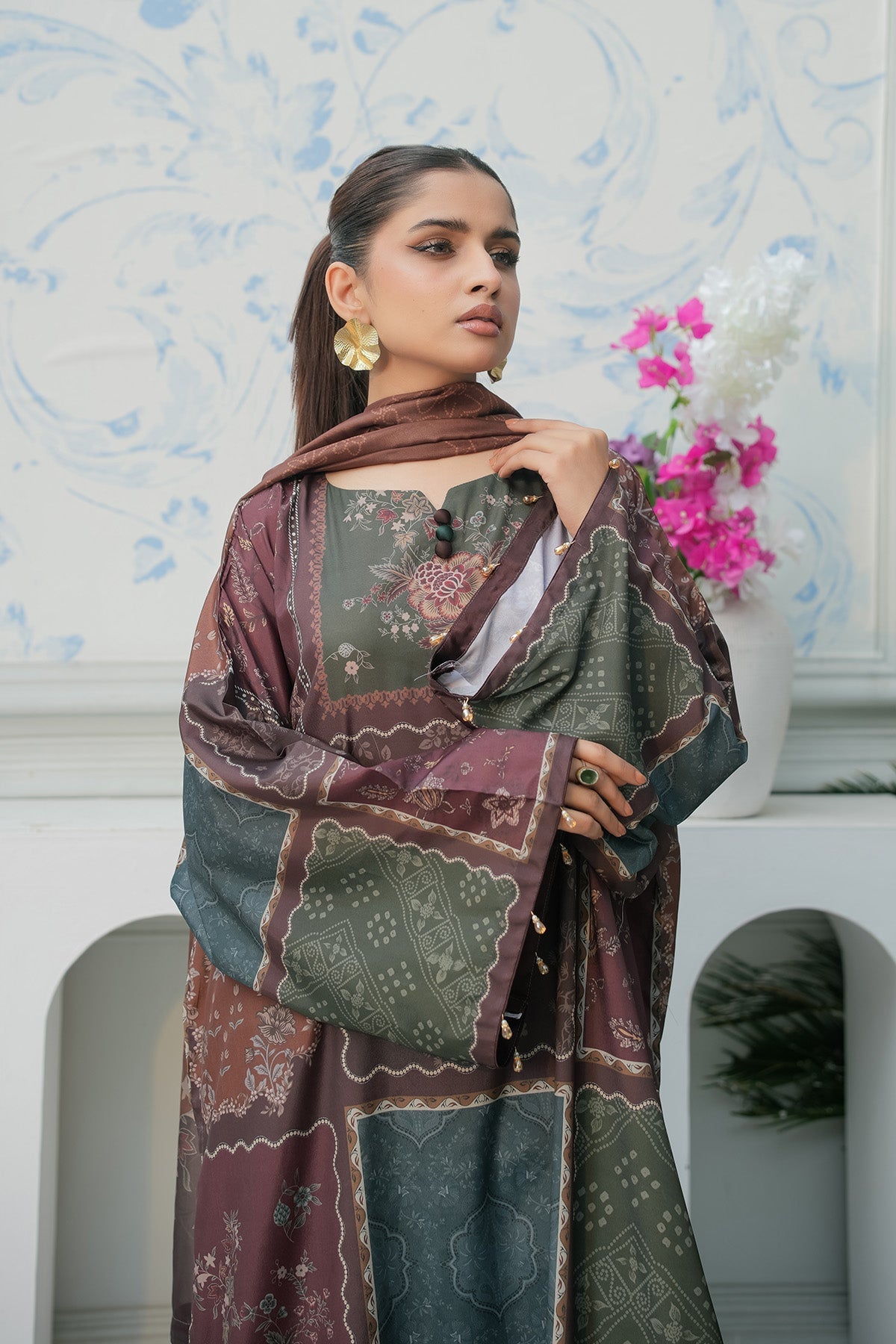 Maryams | Lawn Edit 26 | Basil-Brand:Maryams-Type:Ladies Clothes-Chocolate Brown-Lawn-House of Maryam- Buy in UK, USA