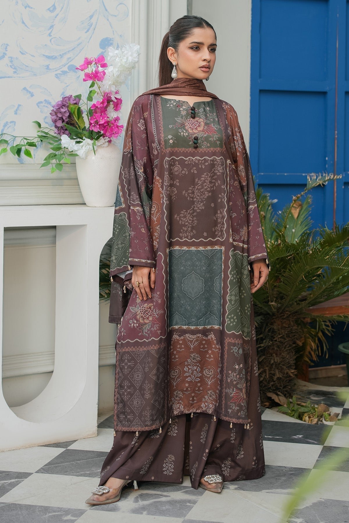 Maryams | Lawn Edit 26 | Basil-Brand:Maryams-Type:Ladies Clothes-Chocolate Brown-Lawn-House of Maryam- Buy in UK, USA