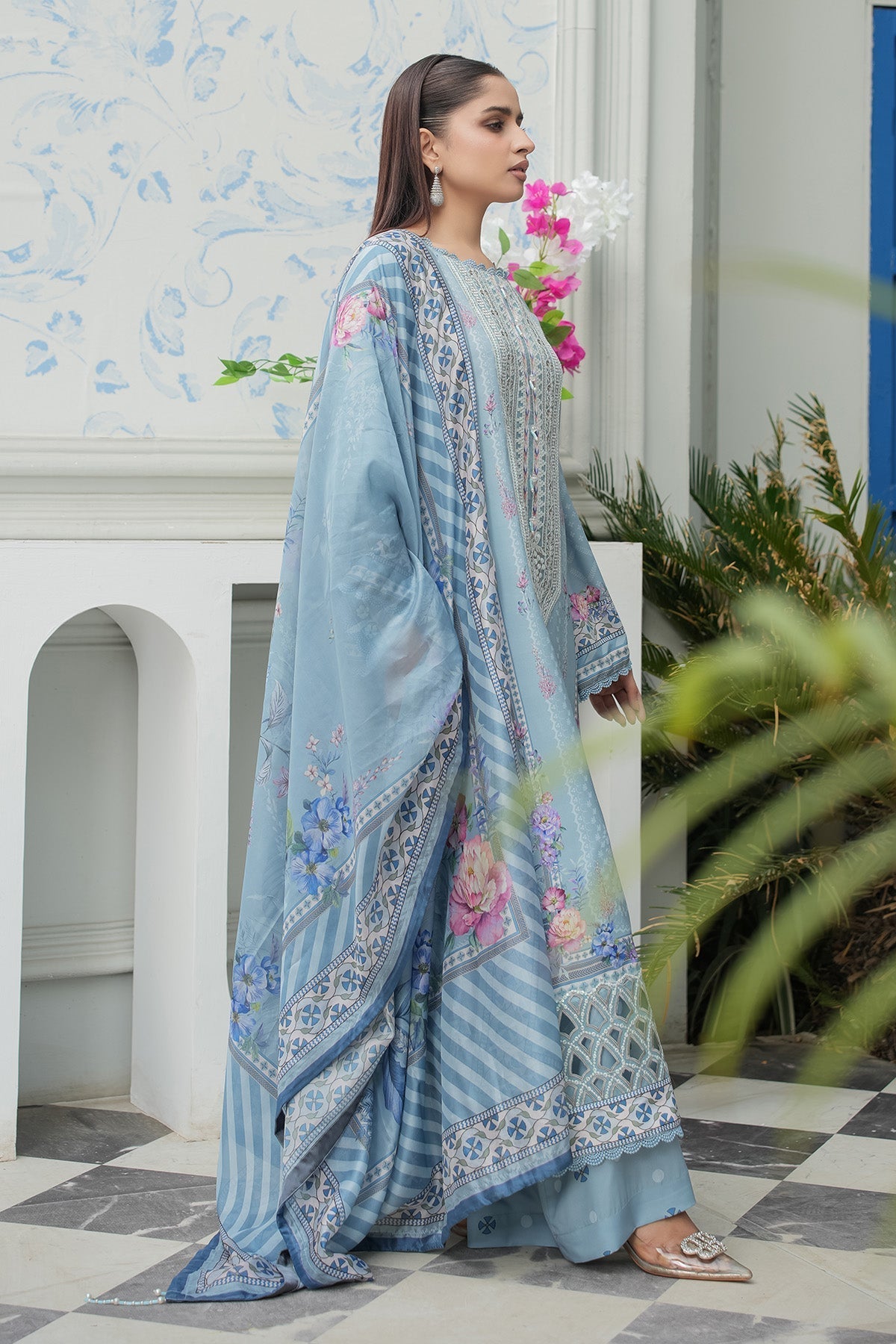 Maryams | Lawn Edit 26 | Petal-Brand:Maryams-Type:Ladies Clothes-Ice Blue-Lawn-House of Maryam- Buy in UK, USA