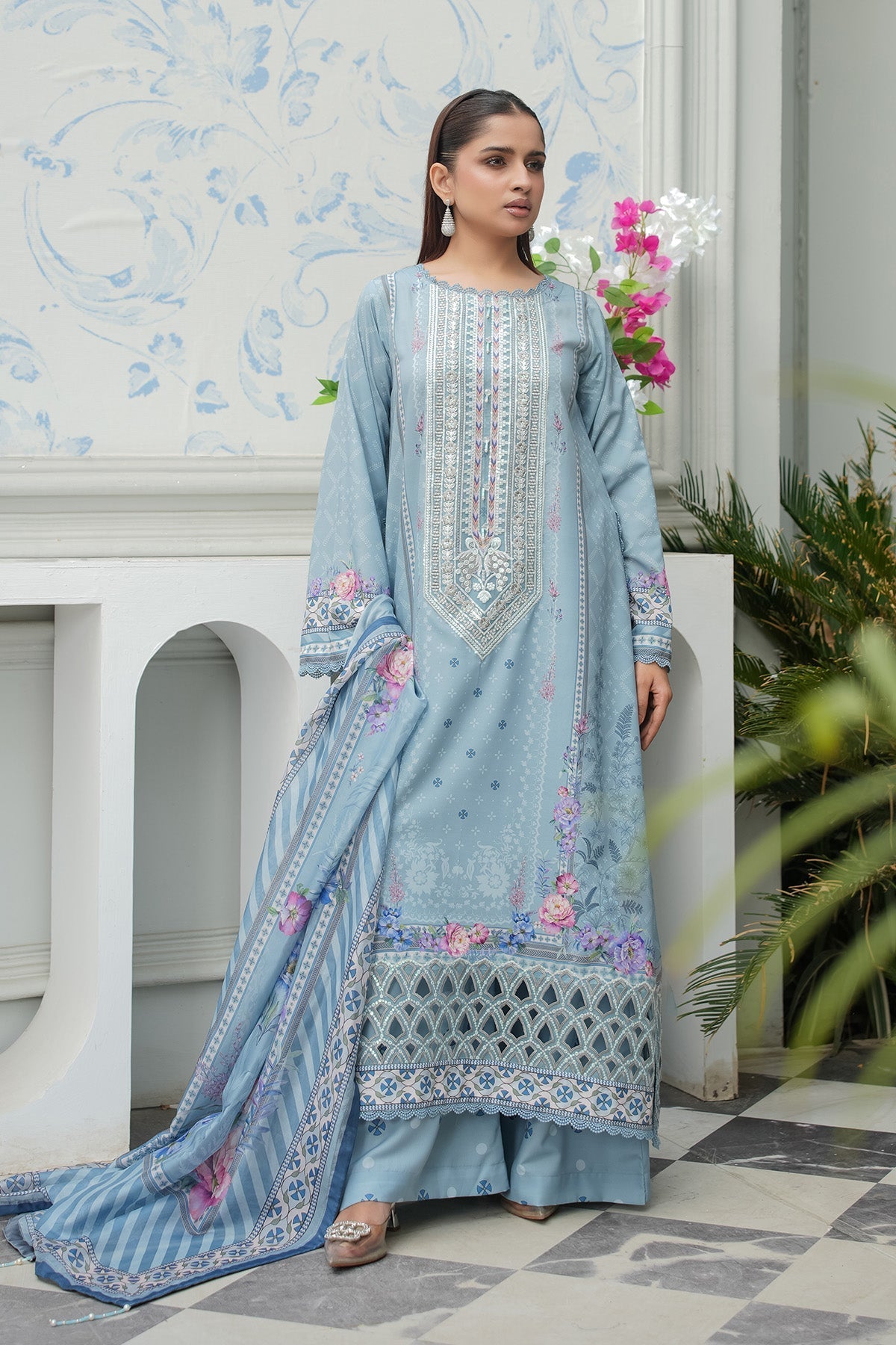 Maryams | Lawn Edit 26 | Petal-Brand:Maryams-Type:Ladies Clothes-Ice Blue-Lawn-House of Maryam- Buy in UK, USA