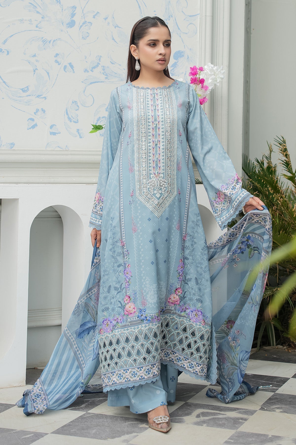Maryams | Lawn Edit 26 | Petal-Brand:Maryams-Type:Ladies Clothes-Ice Blue-Lawn-House of Maryam- Buy in UK, USA