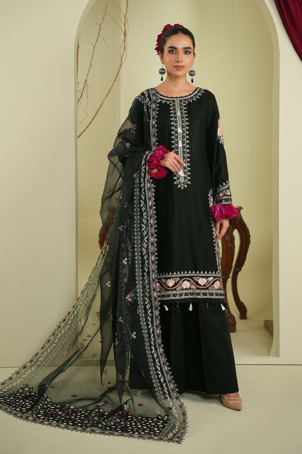 Maryams | Summer Bloom | Flora-Brand:Maryams-Type:Ladies Clothes-Black-Cotton-House of Maryam- Buy in UK, USA
