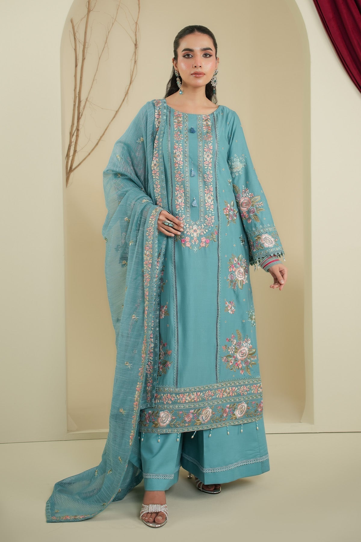 Maryams | Summer Bloom | Muse-Brand:Maryams-Type:Ladies Clothes-Ice Blue-Cotton-House of Maryam- Buy in UK, USA