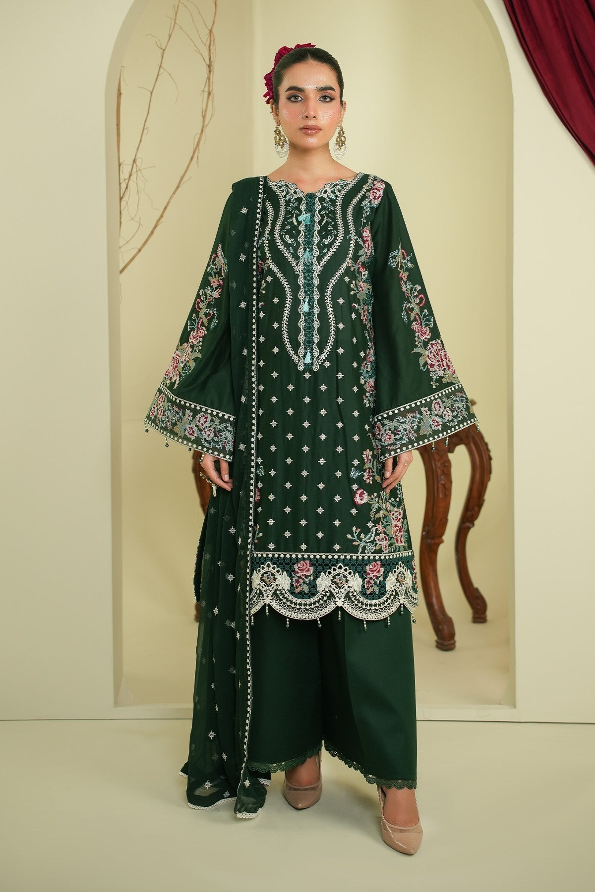 Maryams | Summer Bloom | Veil-Brand:Maryams-Type:Ladies Clothes-Dark Green-Cotton-House of Maryam- Buy in UK, USA