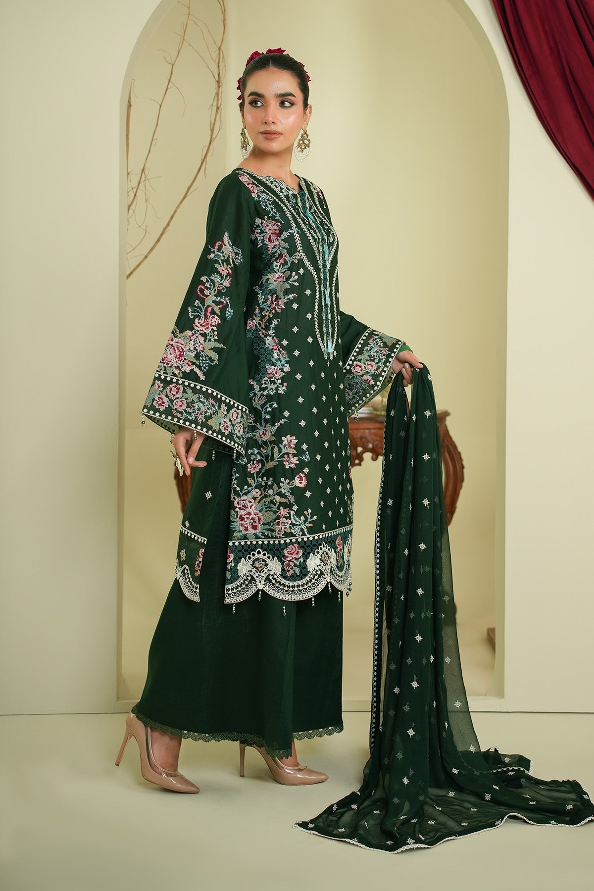 Maryams | Summer Bloom | Veil-Brand:Maryams-Type:Ladies Clothes-Dark Green-Cotton-House of Maryam- Buy in UK, USA