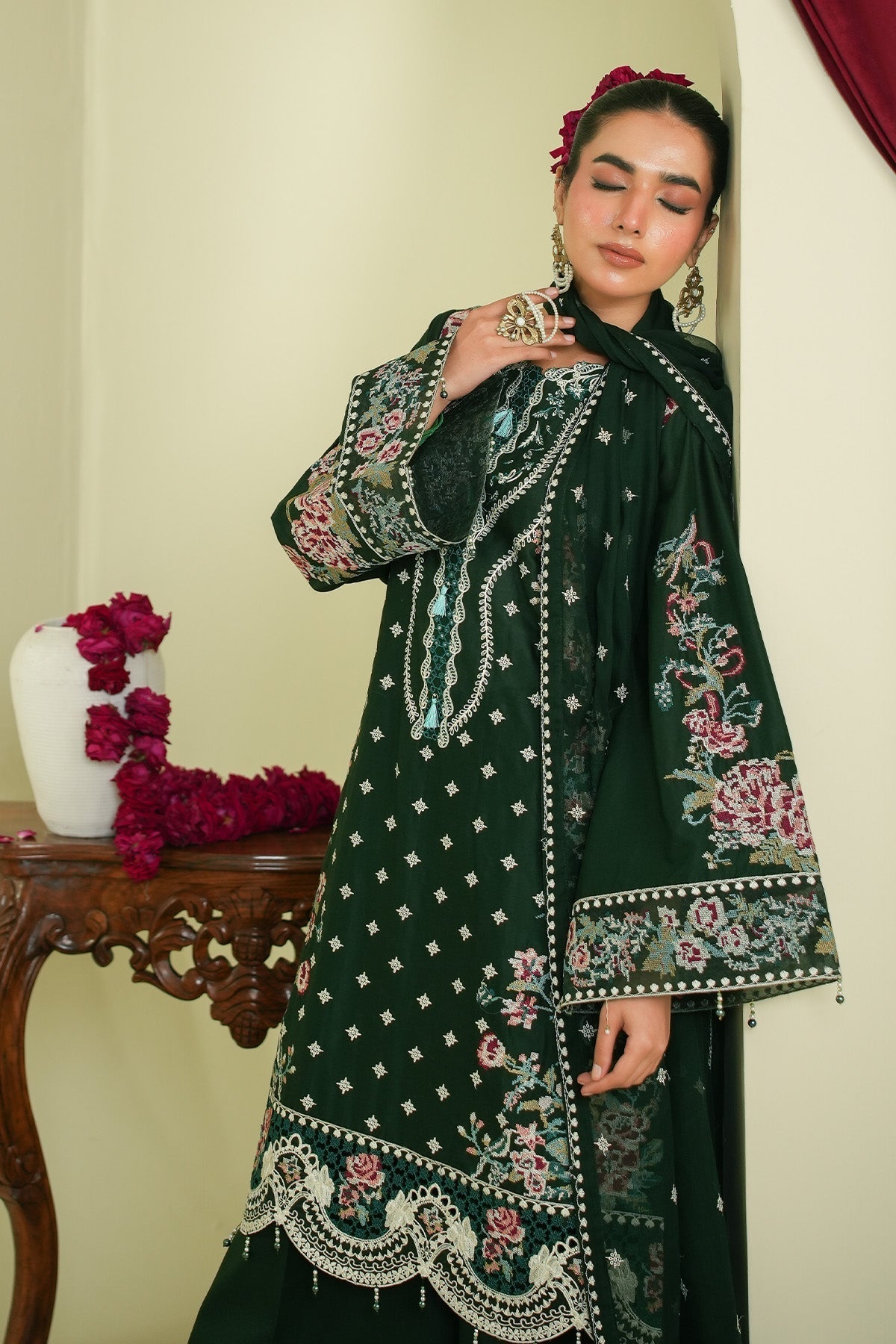 Maryams | Summer Bloom | Veil-Brand:Maryams-Type:Ladies Clothes-Dark Green-Cotton-House of Maryam- Buy in UK, USA