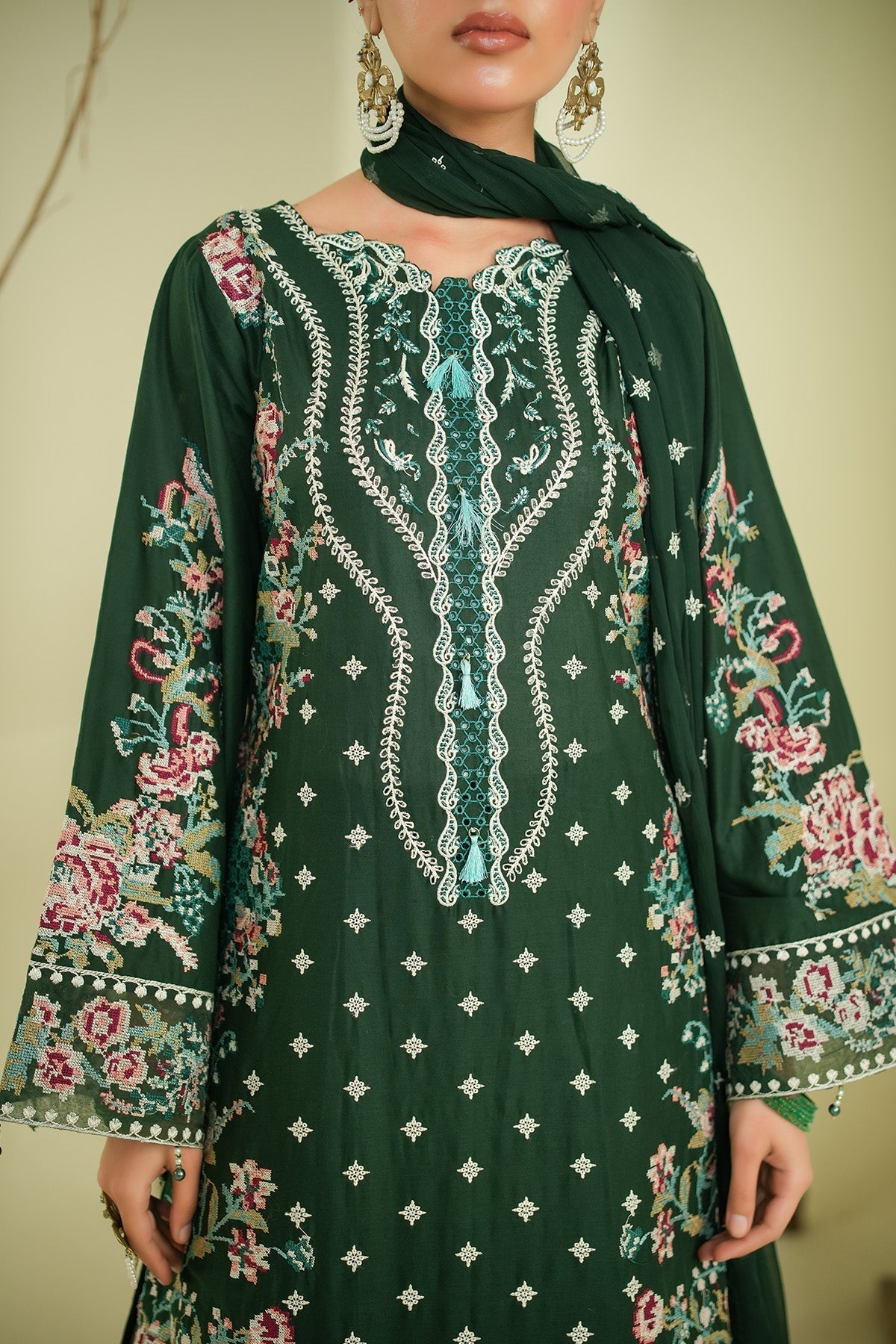 Maryams | Summer Bloom | Veil-Brand:Maryams-Type:Ladies Clothes-Dark Green-Cotton-House of Maryam- Buy in UK, USA