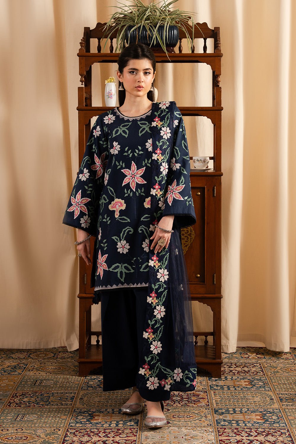 Maryum N Maria | Dali Luxe | FLORENCE - MS50289-Brand:Maryum N Maria-Type:Ladies Clothes-Navy Blue-Lawn-House of Maryam- Buy in UK, USA