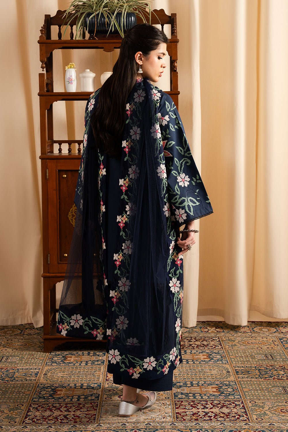 Maryum N Maria | Dali Luxe | FLORENCE - MS50289-Brand:Maryum N Maria-Type:Ladies Clothes-Navy Blue-Lawn-House of Maryam- Buy in UK, USA