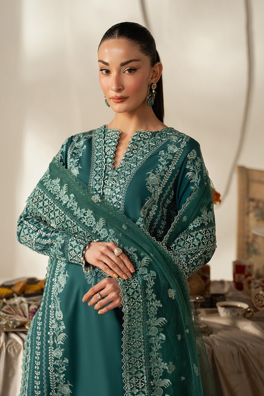 Maryum N Maria | The Eid Affair | LAYAN - MSS6375-Brand:Maryum N Maria-Type:Ladies Clothes-Emerald Green-Lawn-House of Maryam- Buy in UK, USA