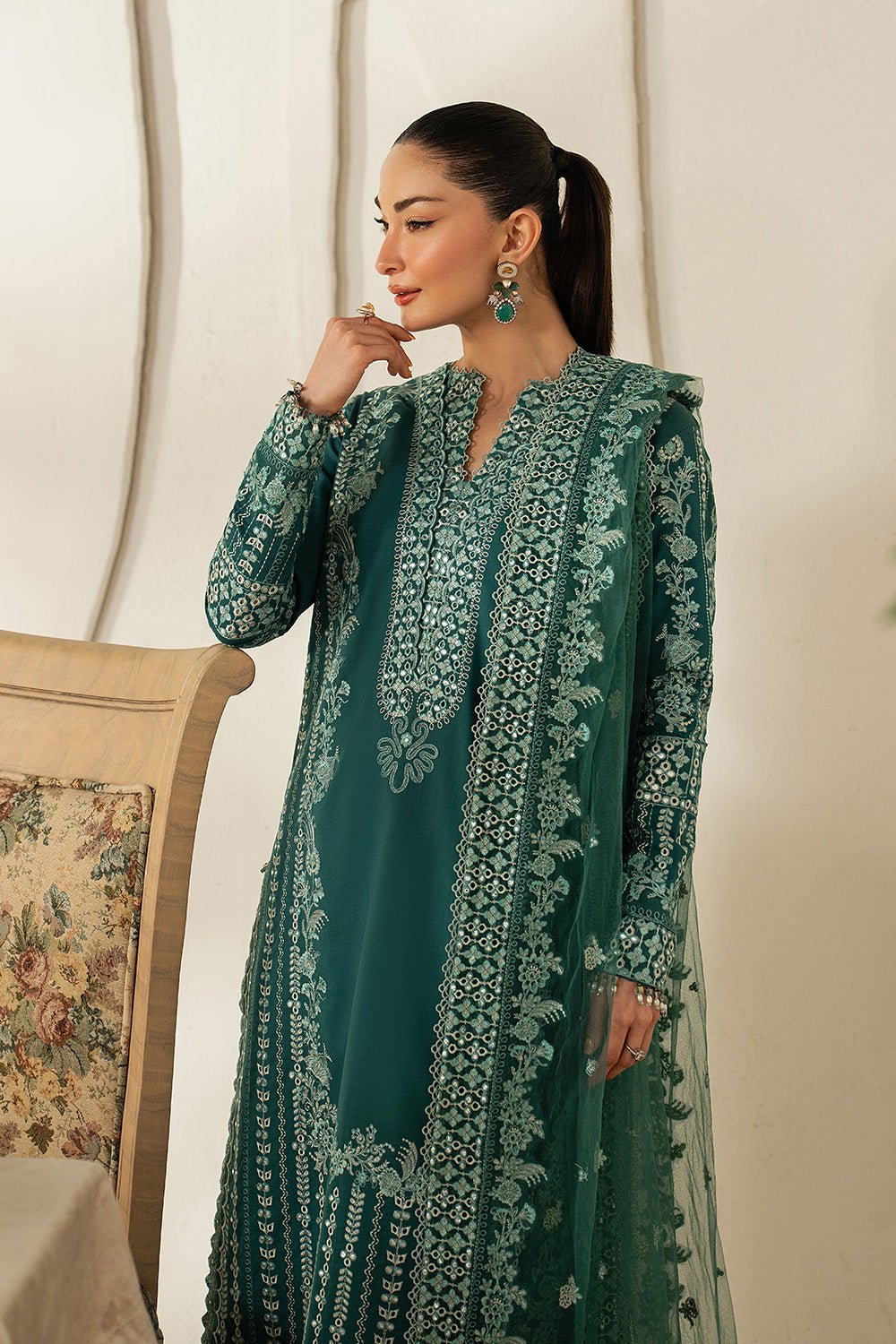 Maryum N Maria | The Eid Affair | LAYAN - MSS6375-Brand:Maryum N Maria-Type:Ladies Clothes-Emerald Green-Lawn-House of Maryam- Buy in UK, USA